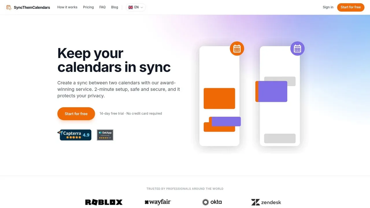 Screenshot of the SyncThemCalendars homepage showing calendar sync features and privacy protection.