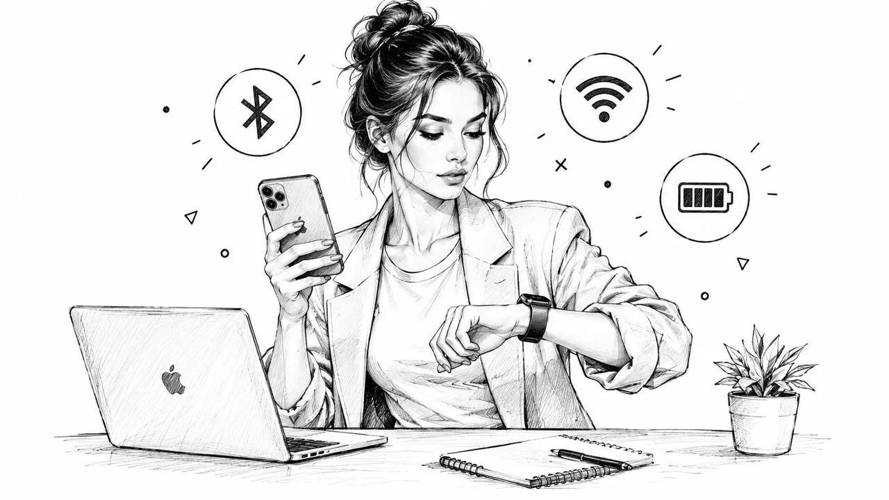 Ilustração de uma mulher verificando seu Apple Watch enquanto segura um iPhone, cercada por ícones de Bluetooth, Wi-Fi e bateria.