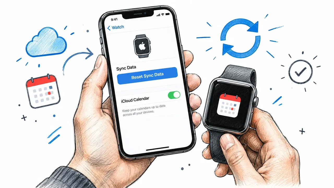 Ilustração de um iPhone mostrando a opção Redefinir Dados de Sincronização no app Watch.