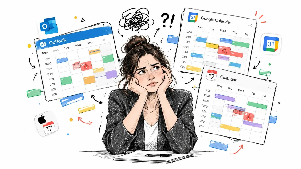 A stressed woman sitting at a desk surrounded by multiple overlapping digital calendar interfaces and planner icons.