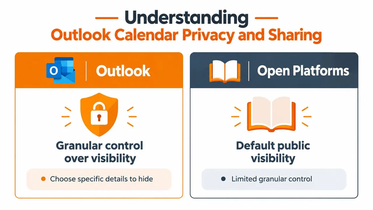 A comparison graphic showing Outlook offers granular privacy control while open platforms default to public visibility settings.