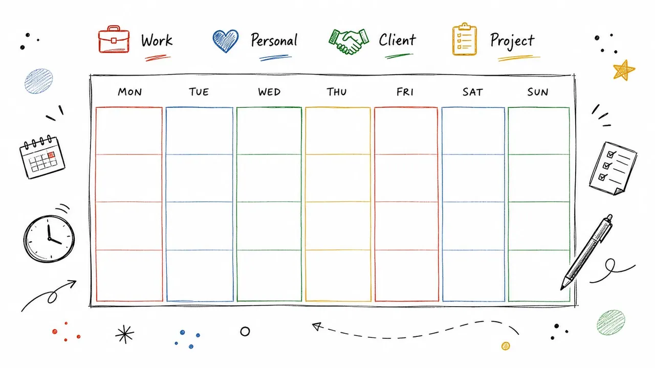 A colorful hand-drawn weekly planner template with spaces to organize work, personal, client, and project tasks.