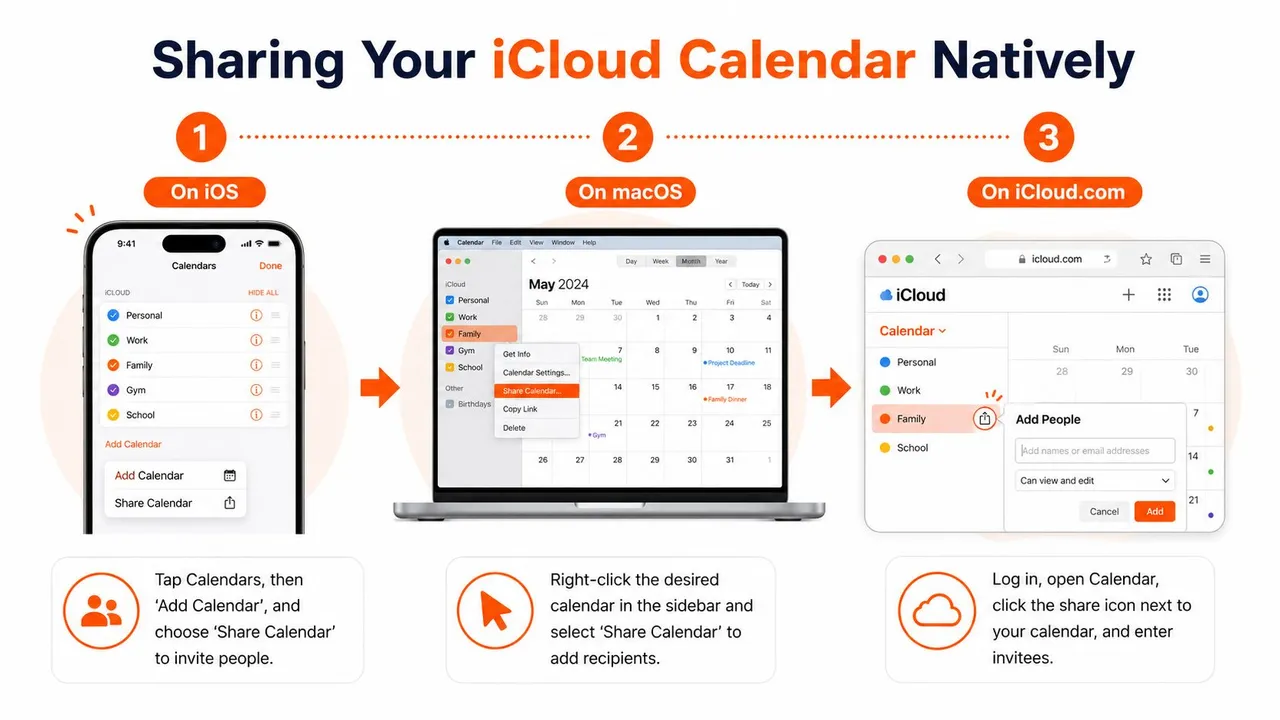 Un'infografica che mostra tre semplici modi per condividere un calendario iCloud su iOS, macOS e iCloud.com.