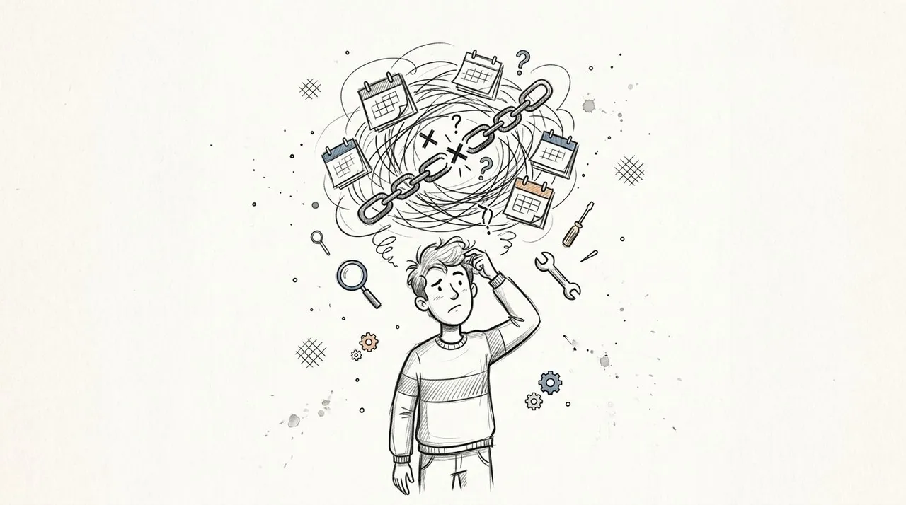 Una persona confusa che pensa a complessi problemi di gestione del calendario e pianificazione, illustrata con catene rotte e icone.