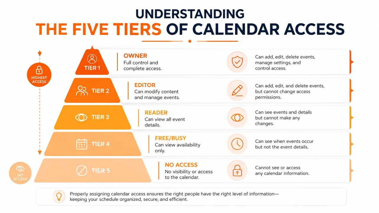 Un graphique en pyramide infographique affichant les cinq niveaux d'accès au calendrier, de Propriétaire à Aucun accès.