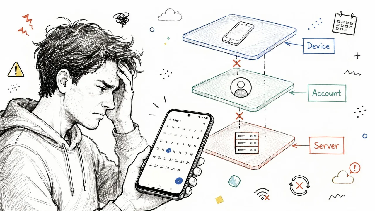 Eine frustrierte Person, die auf einem Smartphone eine Kalender-App betrachtet und Synchronisierungsprobleme hat.