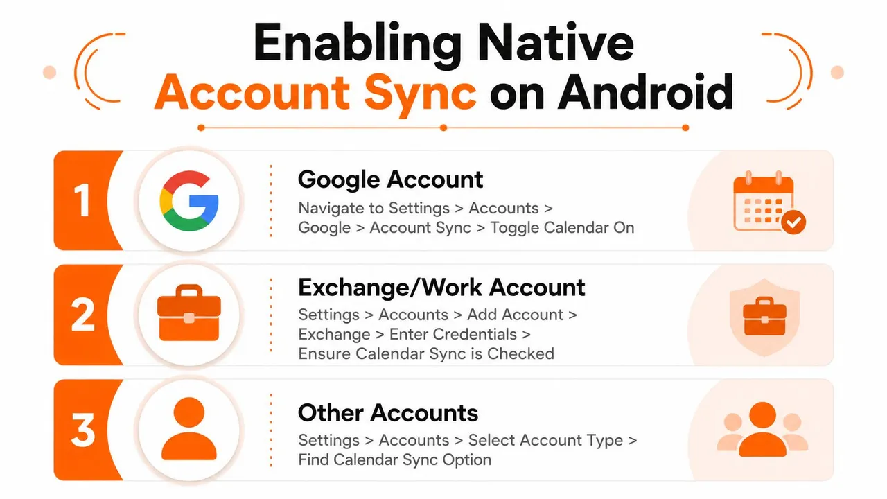 Eine Infografik, die Schritt-für-Schritt-Anleitungen zum Aktivieren der nativen Kalender-Synchronisierung auf Android-Geräten für verschiedene Kontotypen zeigt.