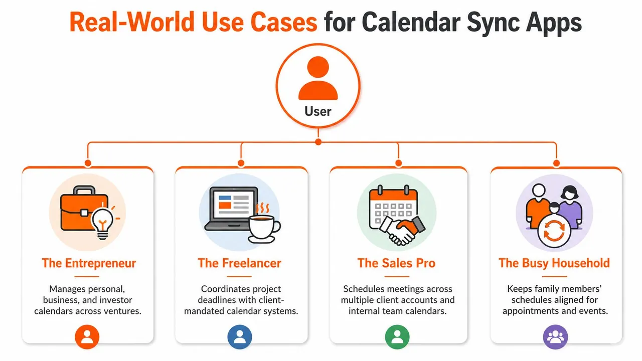 Eine Infografik, die vier Praxisbeispiele für Kalender-Sync-Apps zeigt, darunter Unternehmer, Freiberufler, Vertriebsprofis und Haushalte.