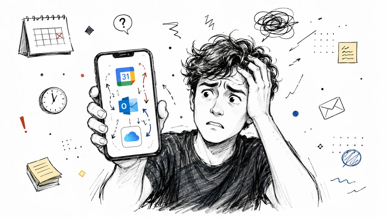 Persona estresada sosteniendo un teléfono inteligente que muestra iconos de integración de Google Calendar, Outlook e iCloud con garabatos dispersos.