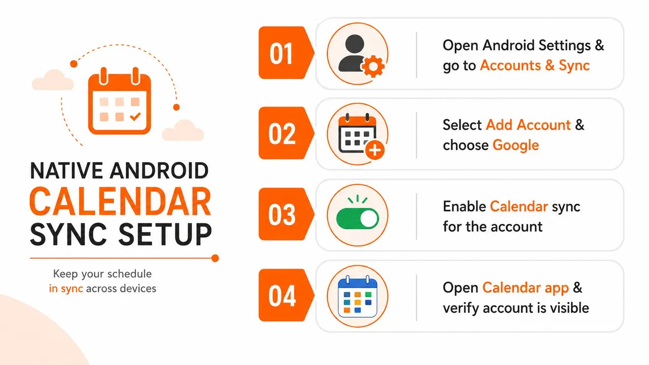 Una infografía paso a paso que muestra cómo configurar la sincronización de calendario nativa en un dispositivo Android.