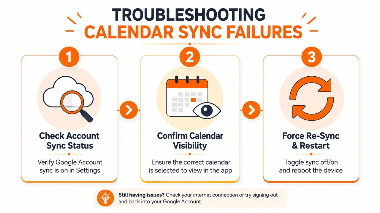 Una infografía de tres pasos sobre la resolución de problemas de fallos de sincronización de calendario para dispositivos Android utilizando instrucciones visuales claras y numeradas.