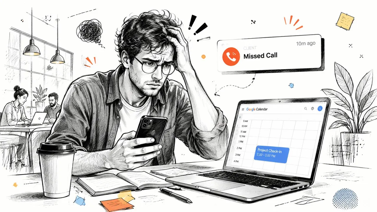 Un homme stressé regardant son smartphone tout en consultant un événement Google Calendar sur l'écran de son ordinateur portable.