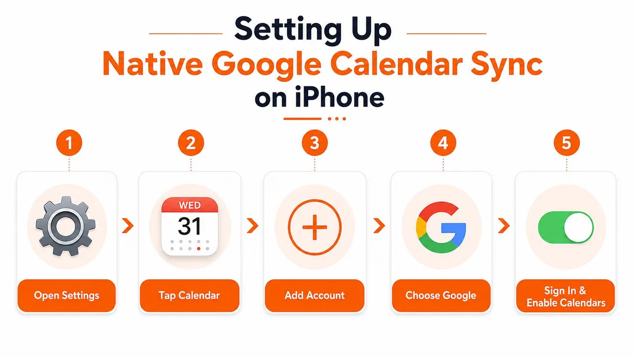 Une infographie montrant le processus en cinq étapes pour configurer la synchronisation native de Google Calendar sur un appareil iPhone.