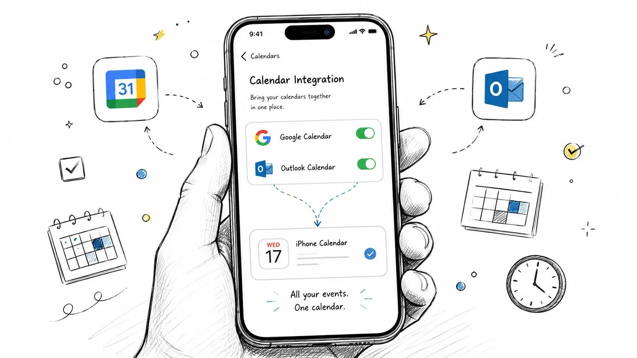 Uma mão segurando um smartphone mostrando uma tela de aplicativo para integrar calendários do Google e Outlook.