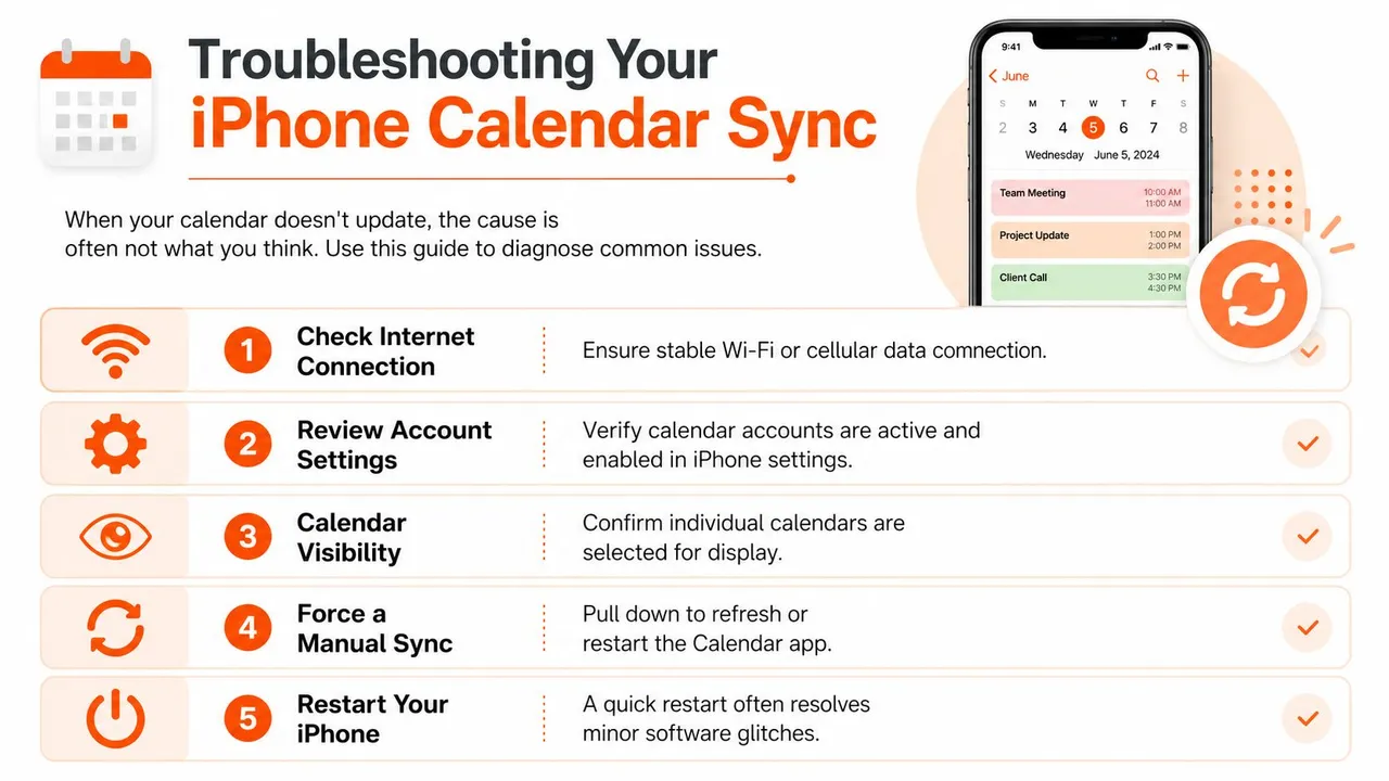 Um infográfico intitulado Solução de problemas de sincronização do calendário do iPhone mostrando cinco etapas para corrigir problemas de atualização de calendário.