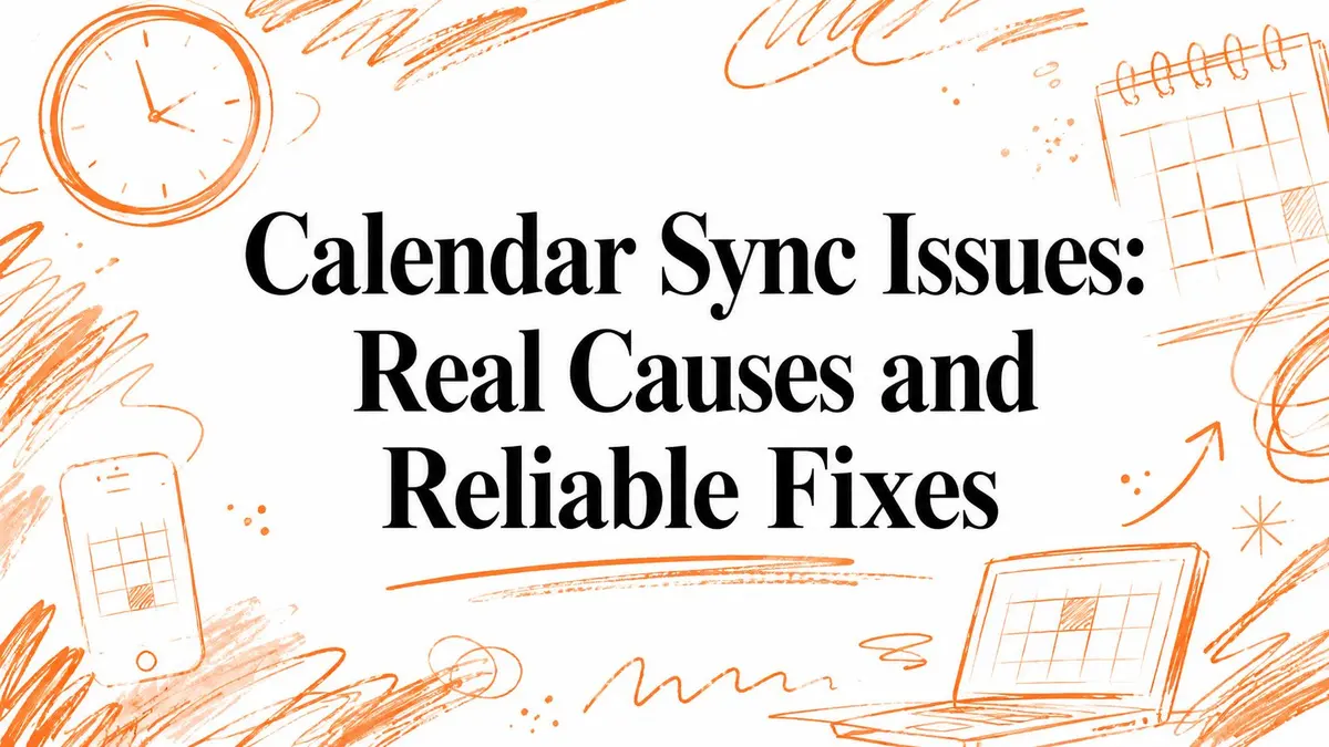 Illustration with the title Calendar Sync Issues: Real Causes and Reliable Fixes surrounded by clock and calendar icons.