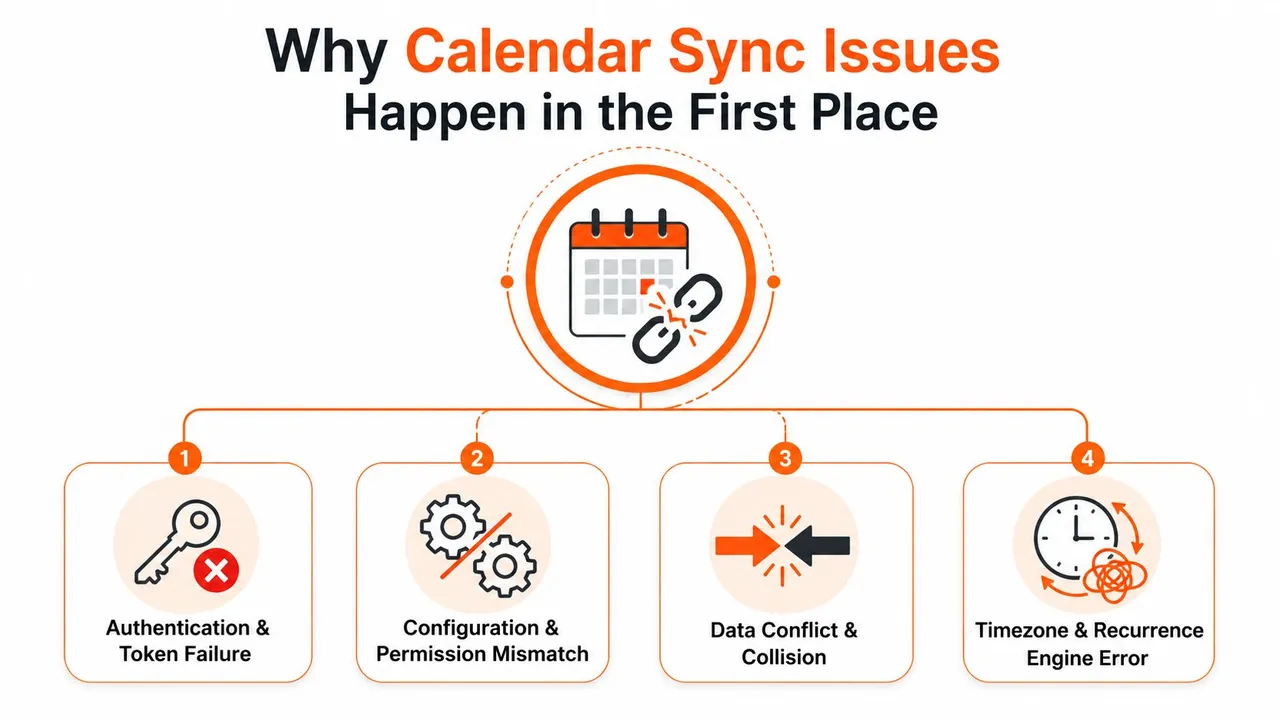 An infographic illustrating the four main causes of calendar sync issues using icons and numbered points.