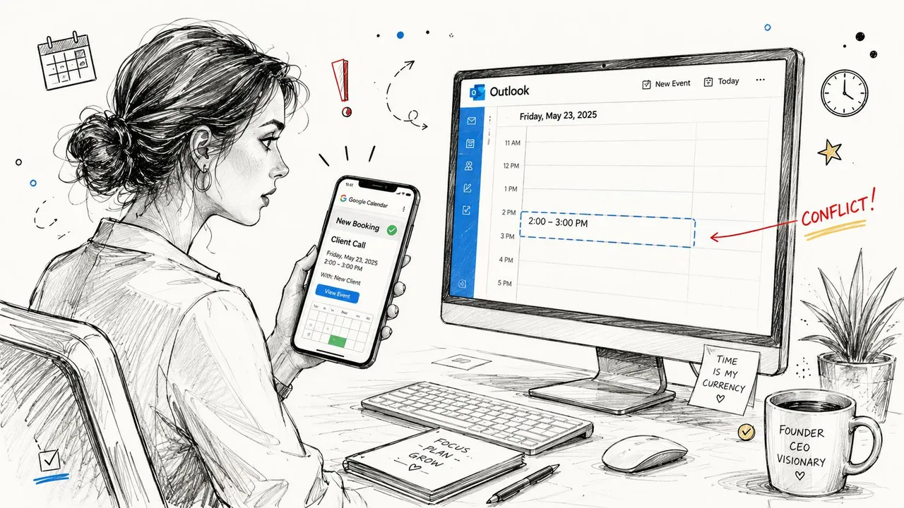 Una donna d'affari che guarda il suo telefono per una chiamata con un cliente mentre un calendario Outlook mostra un conflitto.