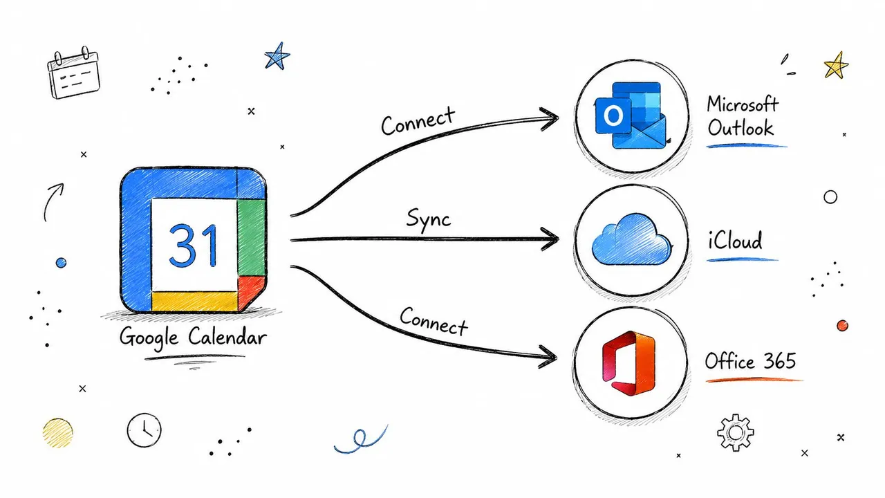 Un diagramma che illustra la sincronizzazione e la connessione di Google Calendar con le piattaforme Outlook, iCloud e Office 365.