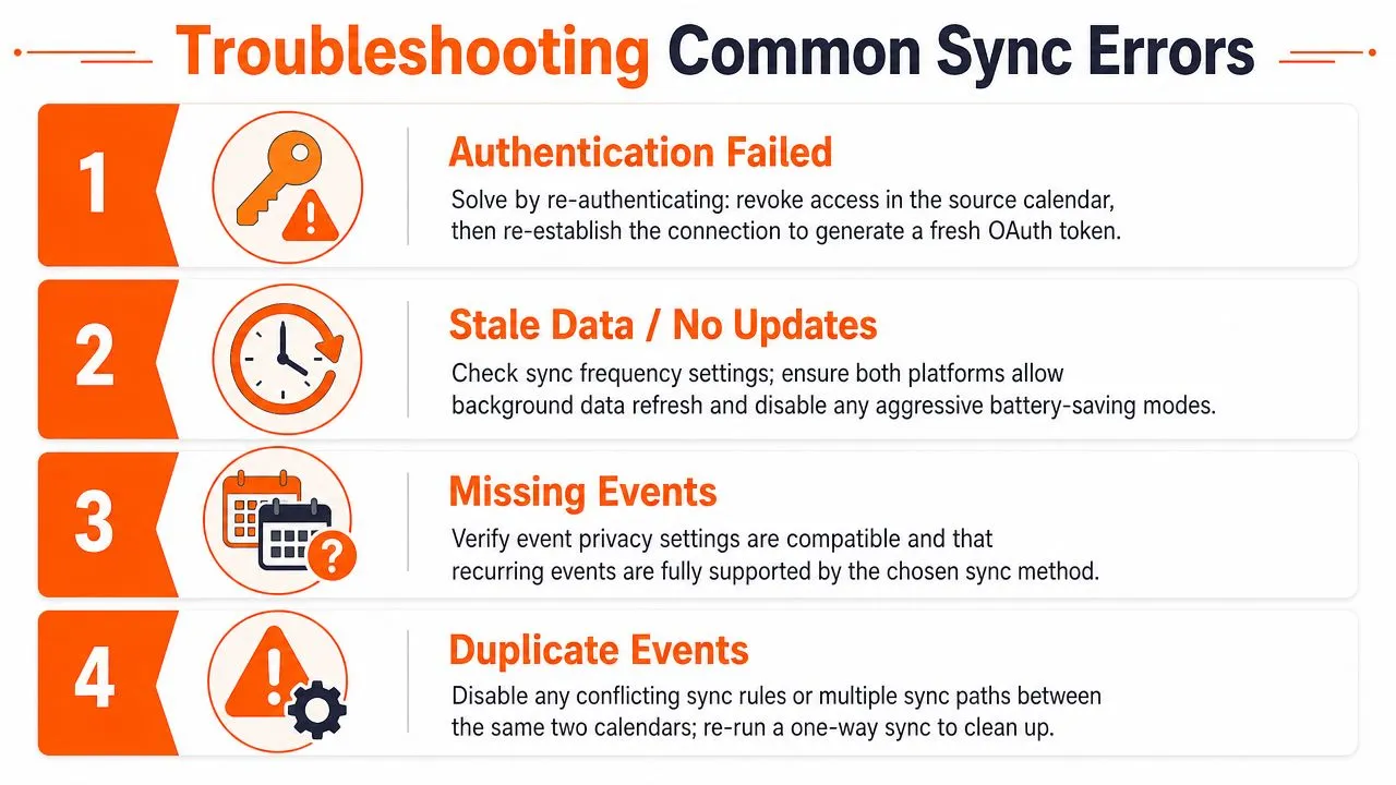Un'infografica in quattro passaggi che mostra soluzioni per errori comuni di sincronizzazione del calendario come fallimenti di autenticazione ed eventi duplicati.