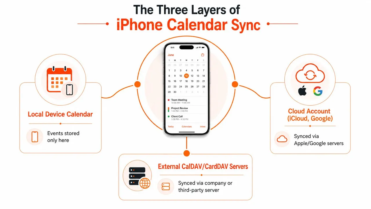 Un diagrama que ilustra las tres capas de sincronización de calendario del iPhone: dispositivo local, cuentas en la nube y servidores externos.