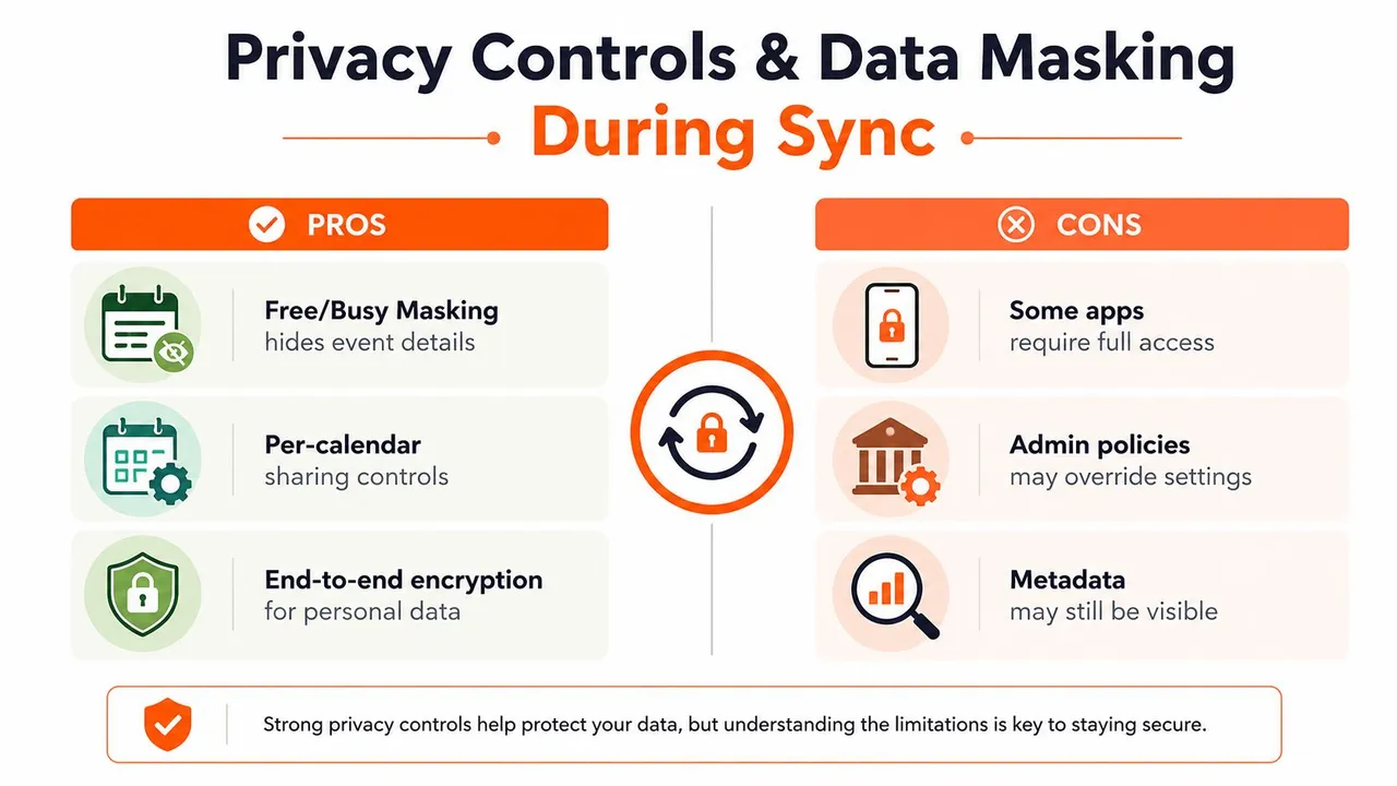 Una infografía que muestra los pros y los contras de los controles de privacidad y el enmascaramiento de datos durante la sincronización del calendario.