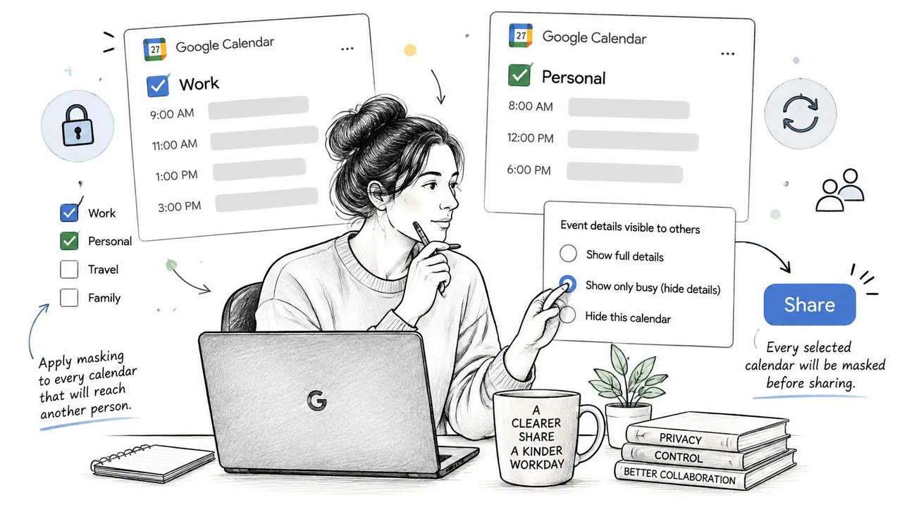 Una donna che lavora su un portatile, gestendo le impostazioni di privacy di Google Calendar per calendari di lavoro e personali.