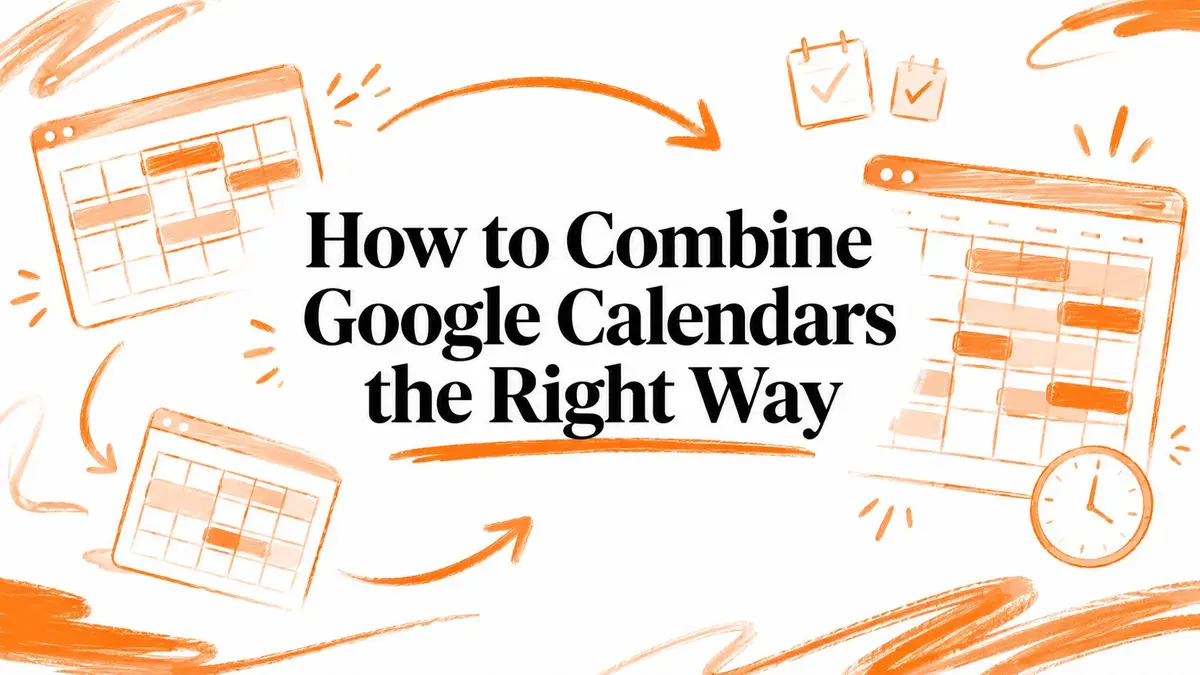 Illustration showing multiple Google Calendar interfaces being merged into one central calendar view.