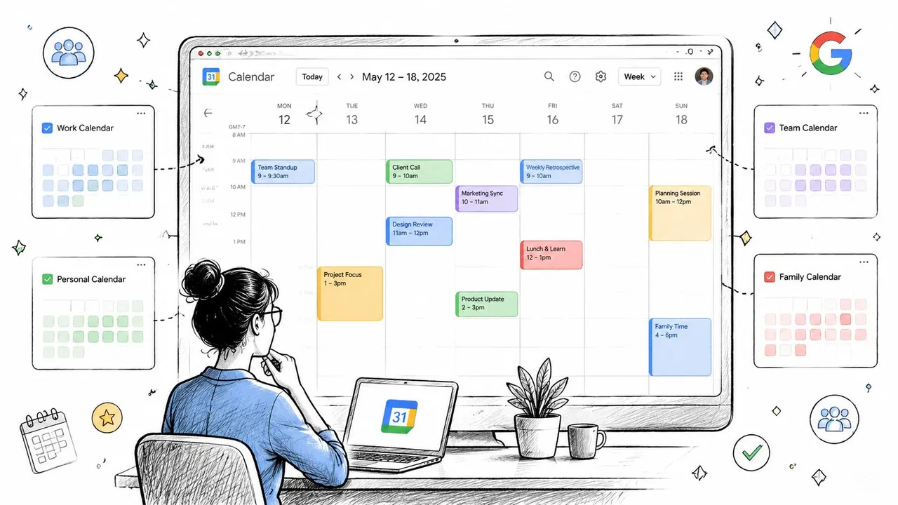 An illustration of a woman looking at her computer screen displaying a consolidated Google Calendar interface.