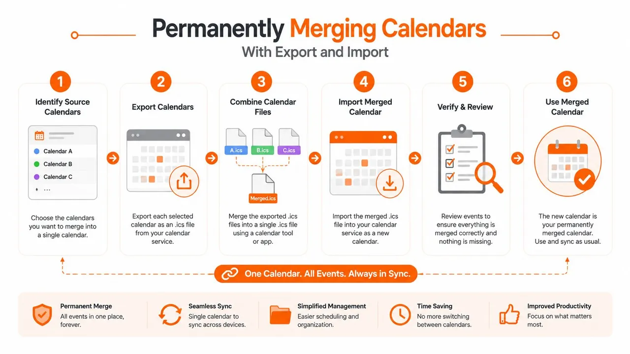 A six-step infographic illustrating the process of permanently merging multiple digital calendars into one via file export.