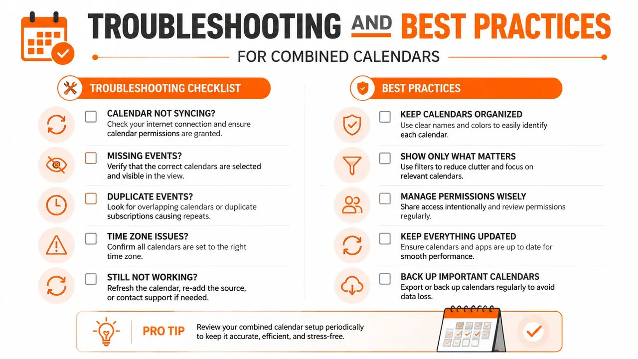 An infographic titled Troubleshooting and Best Practices for Combined Calendars, outlining steps for syncing and management.