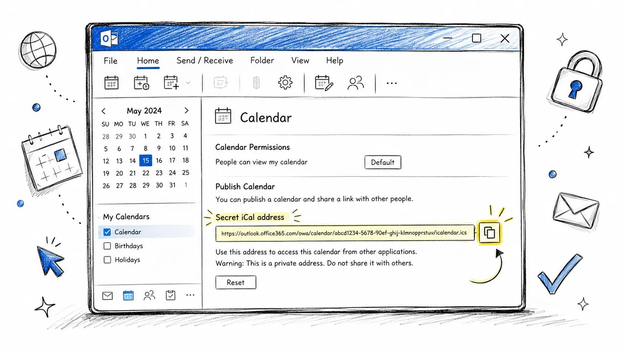 Microsoft Outlookの予定表の公開設定画面で、秘密のiCalアドレスとコピーボタンが表示されている様子。