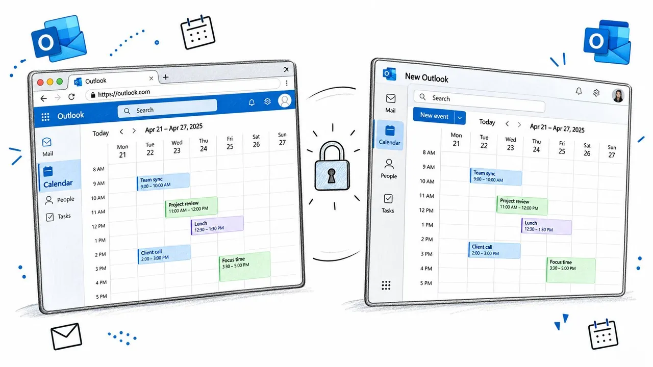 OutlookのWebインターフェースと新しいOutlookアプリを中央の鍵アイコンで比較したイラスト。