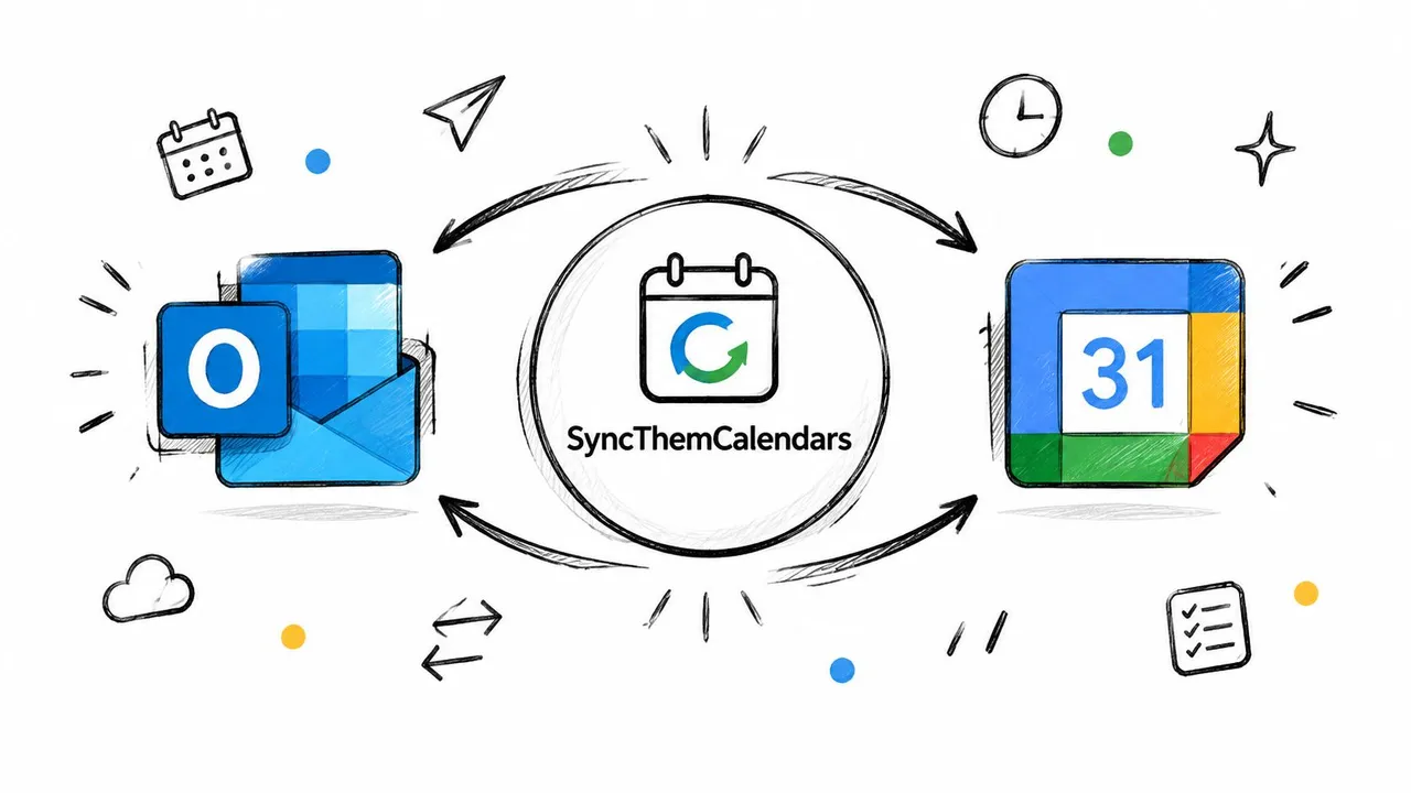 SyncThemCalendarsがMicrosoft OutlookとGoogle Calendarの双方向同期を促進する様子を示すイラスト。