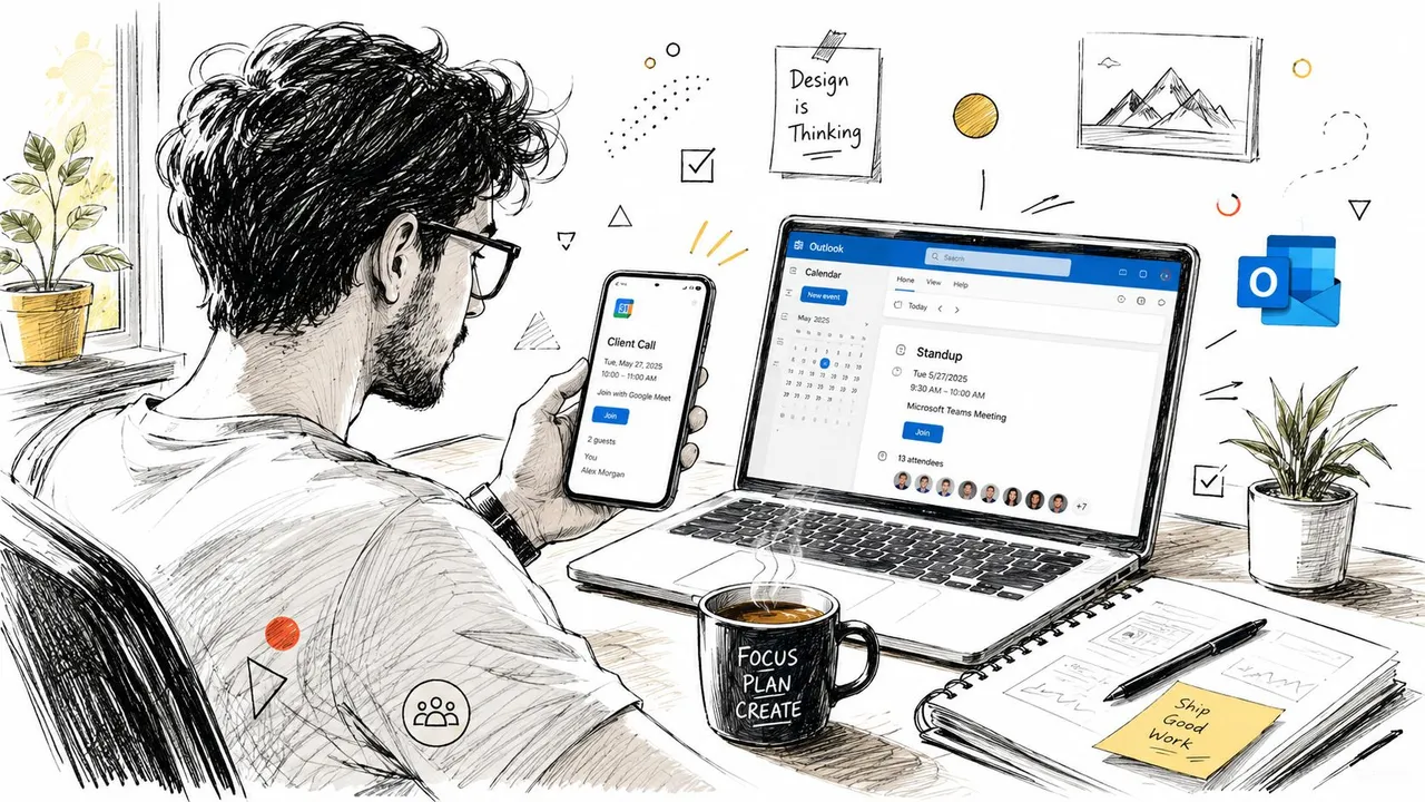 A person working at a desk using a laptop and smartphone to manage their digital calendar.