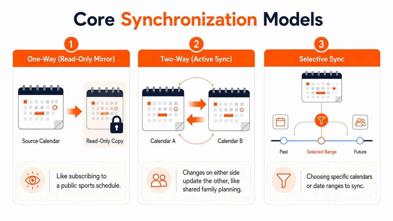 An infographic illustrating three core calendar synchronization models: one-way, two-way, and selective sync for digital calendars.