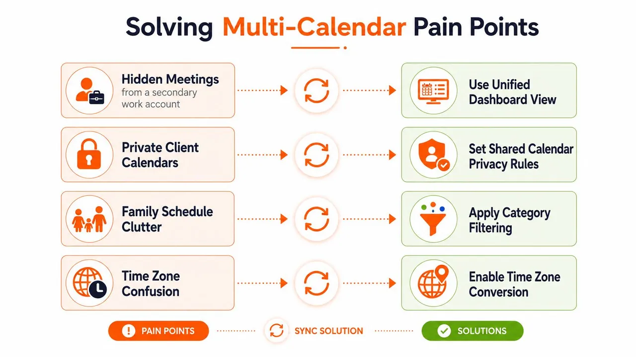 An infographic illustrating common multi-calendar pain points and their corresponding sync solutions for better organization.
