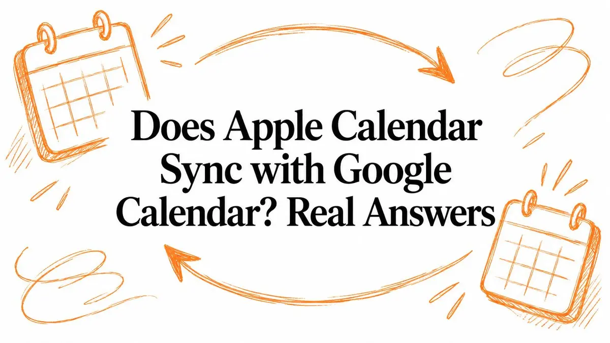 Ilustração mostrando dois ícones de calendário conectados por setas circulares, representando a sincronização entre Apple Calendar e Google Calendar.
