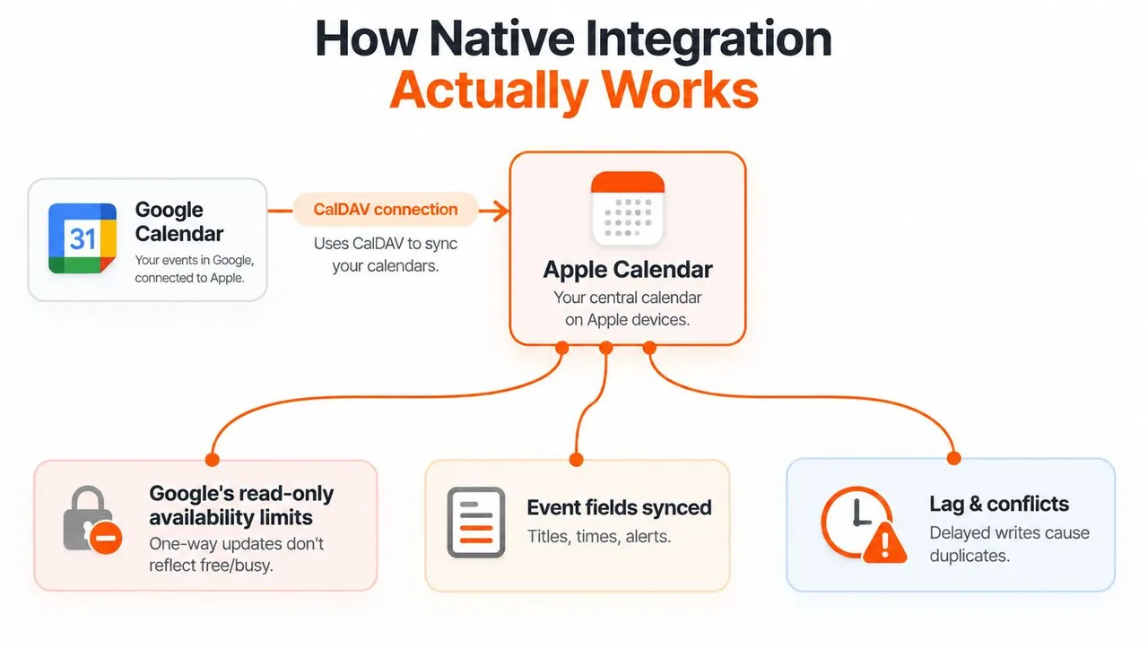 Um diagrama ilustrando como a integração nativa funciona entre o Google Calendar e o Apple Calendar usando sincronização CalDAV.
