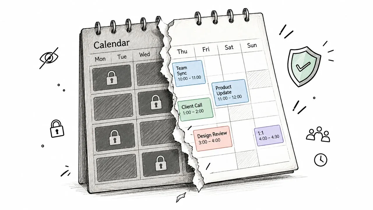 Uma ilustração de um calendário rasgado mostrando datas privadas bloqueadas à esquerda e reuniões agendadas visíveis à direita.