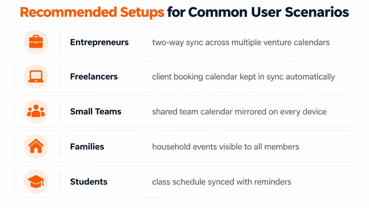 Um gráfico listando configurações recomendadas de sincronização de calendário para empreendedores, freelancers, pequenas equipes, famílias e estudantes.