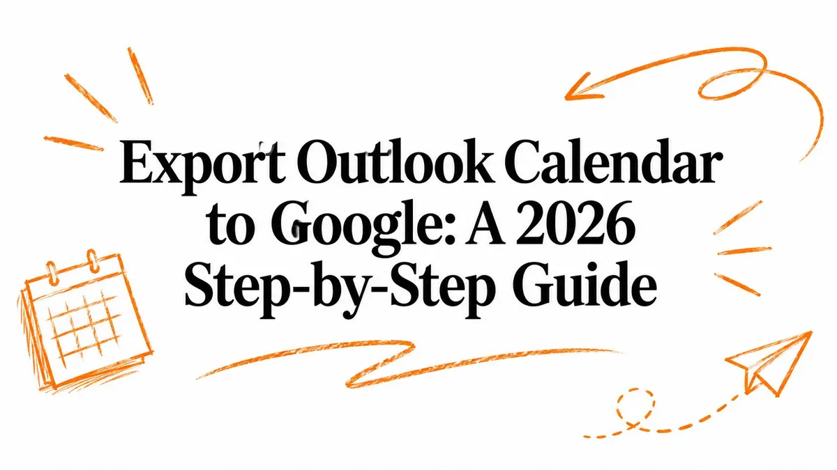 Illustration mit dem Text Export Outlook Calendar to Google: A 2026 Step-by-Step Guide und handgezeichneten Kalender-Icons.