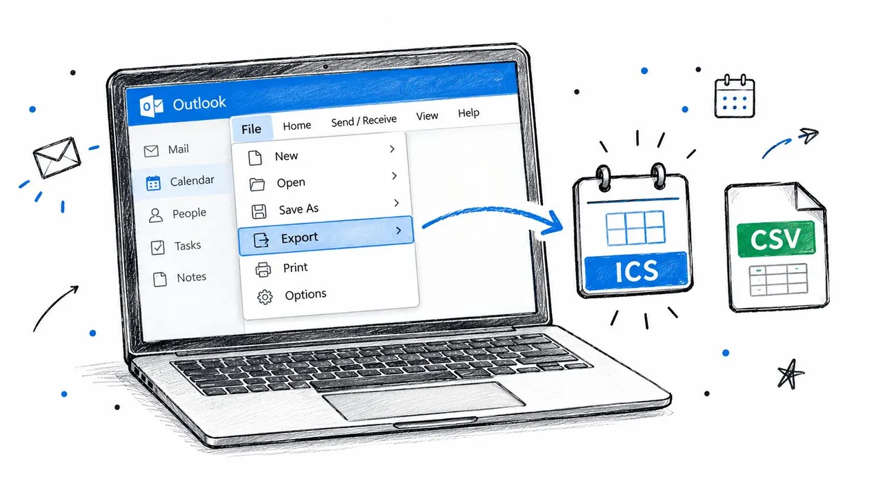 Eine digitale Illustration, die den Outlook-Exportprozess mit ICS- und CSV-Dateisymbolen für Kalenderdaten zeigt.