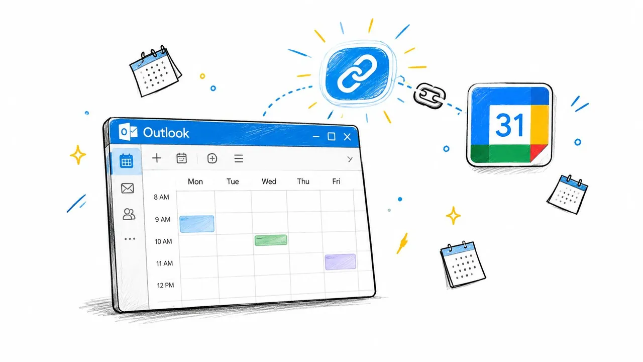 Eine digitale Illustration, die die Verbindung zwischen einer Outlook-Kalenderoberfläche und dem Google Calendar-App-Symbol zeigt.