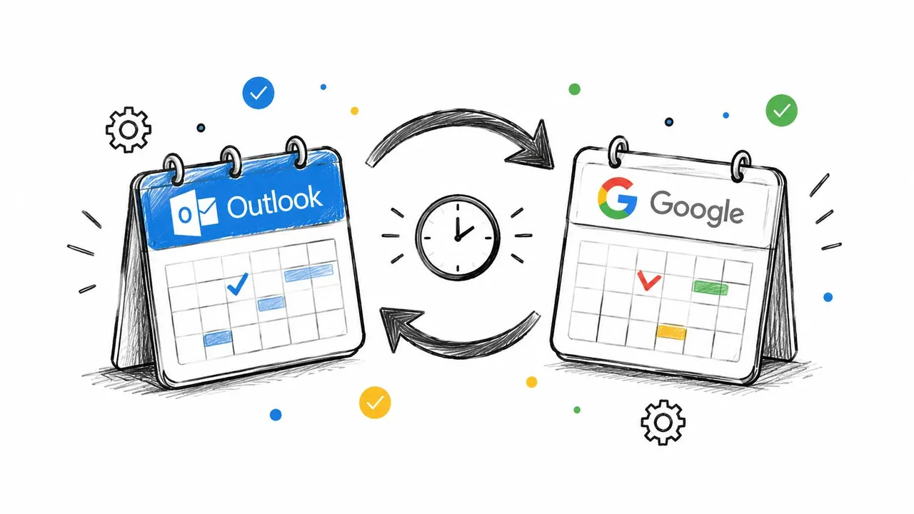 Eine handgezeichnete Illustration, die die Synchronisierung von Outlook- und Google-Kalendersymbolen mit einer Pfeilschleife zeigt.