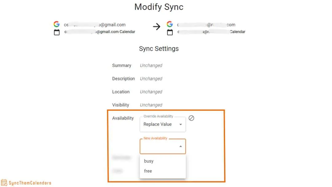 Parámetro de disponibilidad en SyncThemCalendars