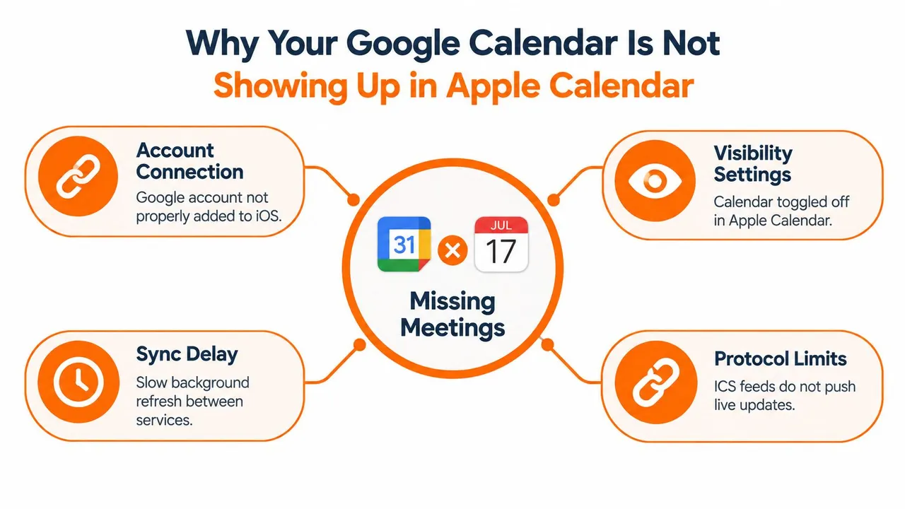 Una infografía que muestra cuatro razones comunes por las que Google Calendar no se sincroniza con Apple Calendar.