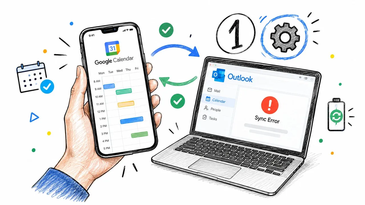 Ilustración que muestra una mano sosteniendo un teléfono con Google Calendar y un portátil con un error de sincronización de Outlook.