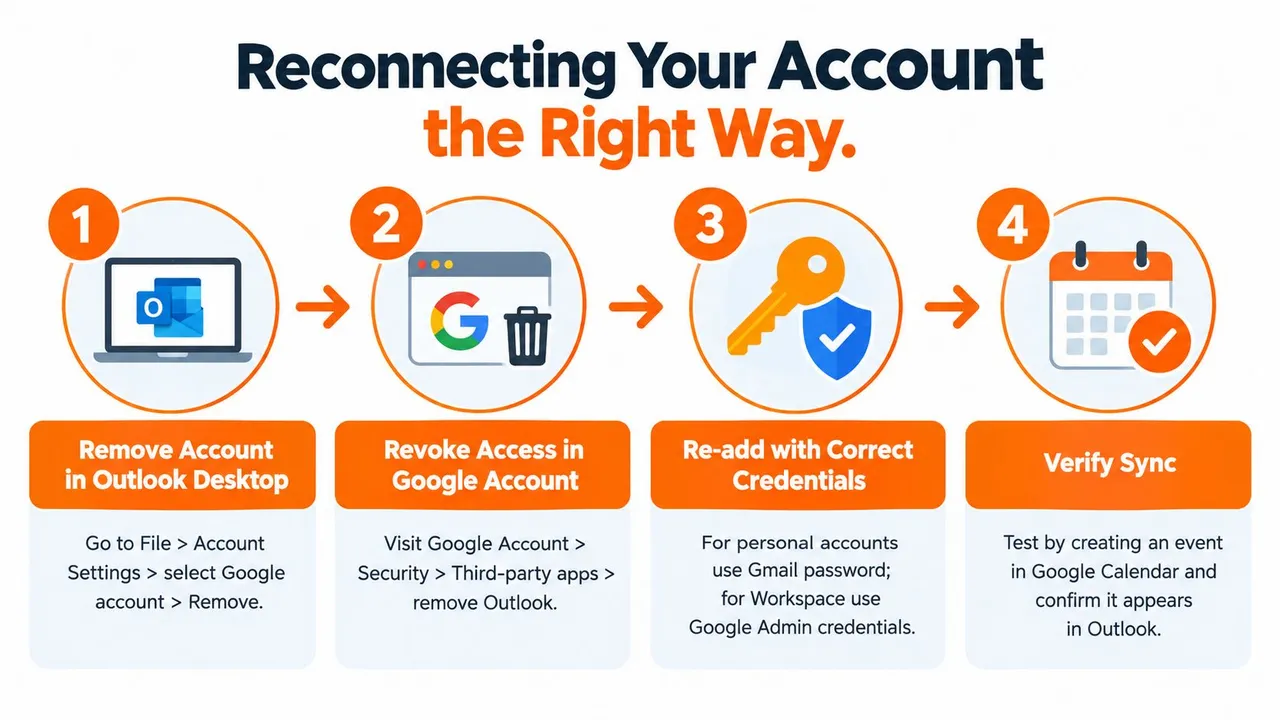 Una infografía de cuatro pasos que ilustra cómo volver a conectar y sincronizar una cuenta de Google con Microsoft Outlook de escritorio.