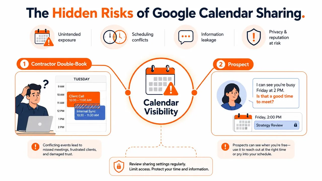 Um infográfico ilustrando os riscos ocultos de configurações de compartilhamento inadequadas no Google Calendar, incluindo conflitos de agendamento e preocupações com privacidade.